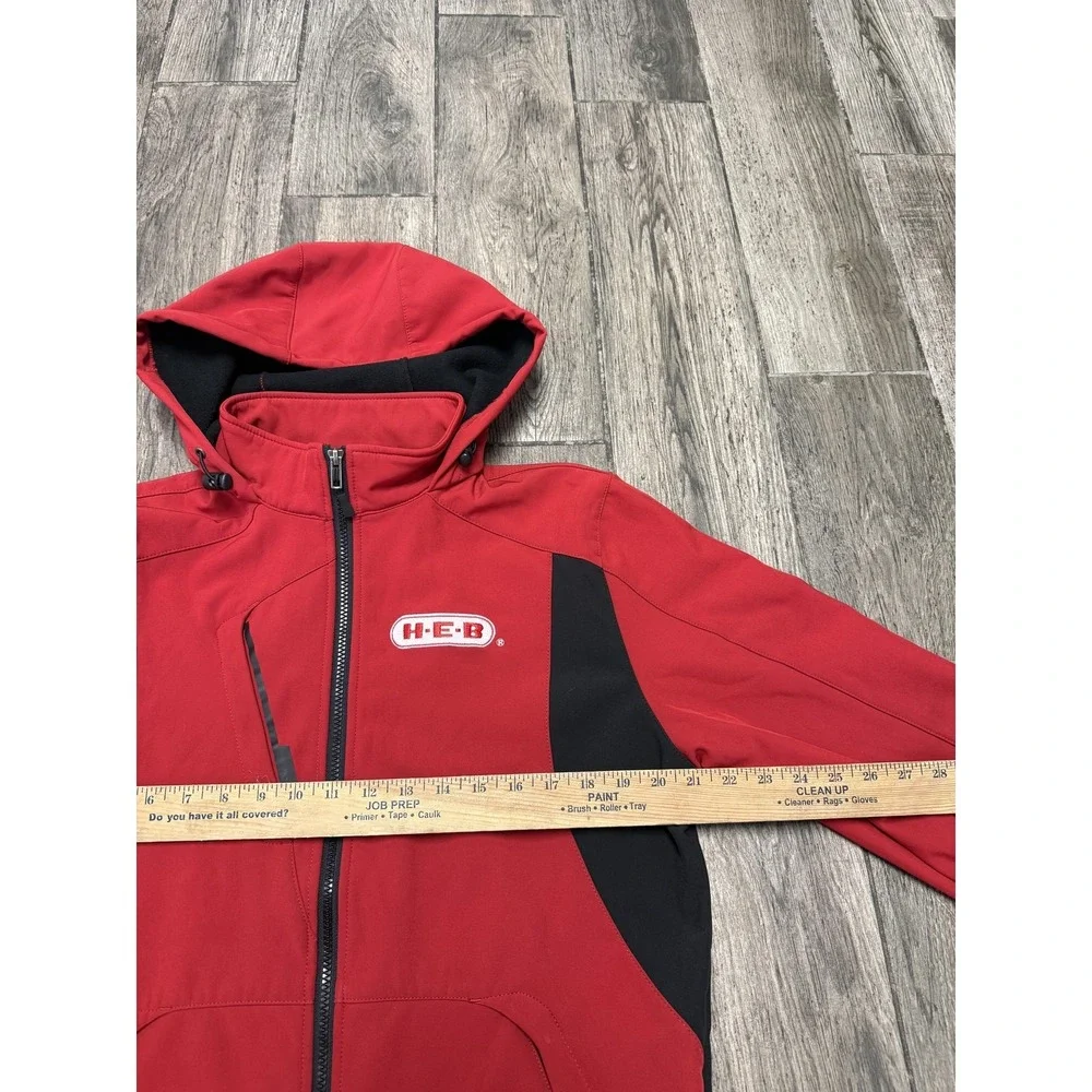 H-E-B Jacket Mens Medium Red Black Hooded Softshell Fleece Lined Full Zip Logo